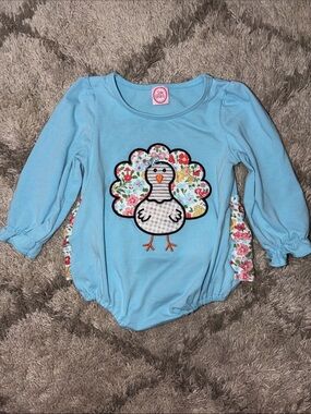 Light Blue Girls' Long-Sleeve Turkey Appliqué Bodysuit